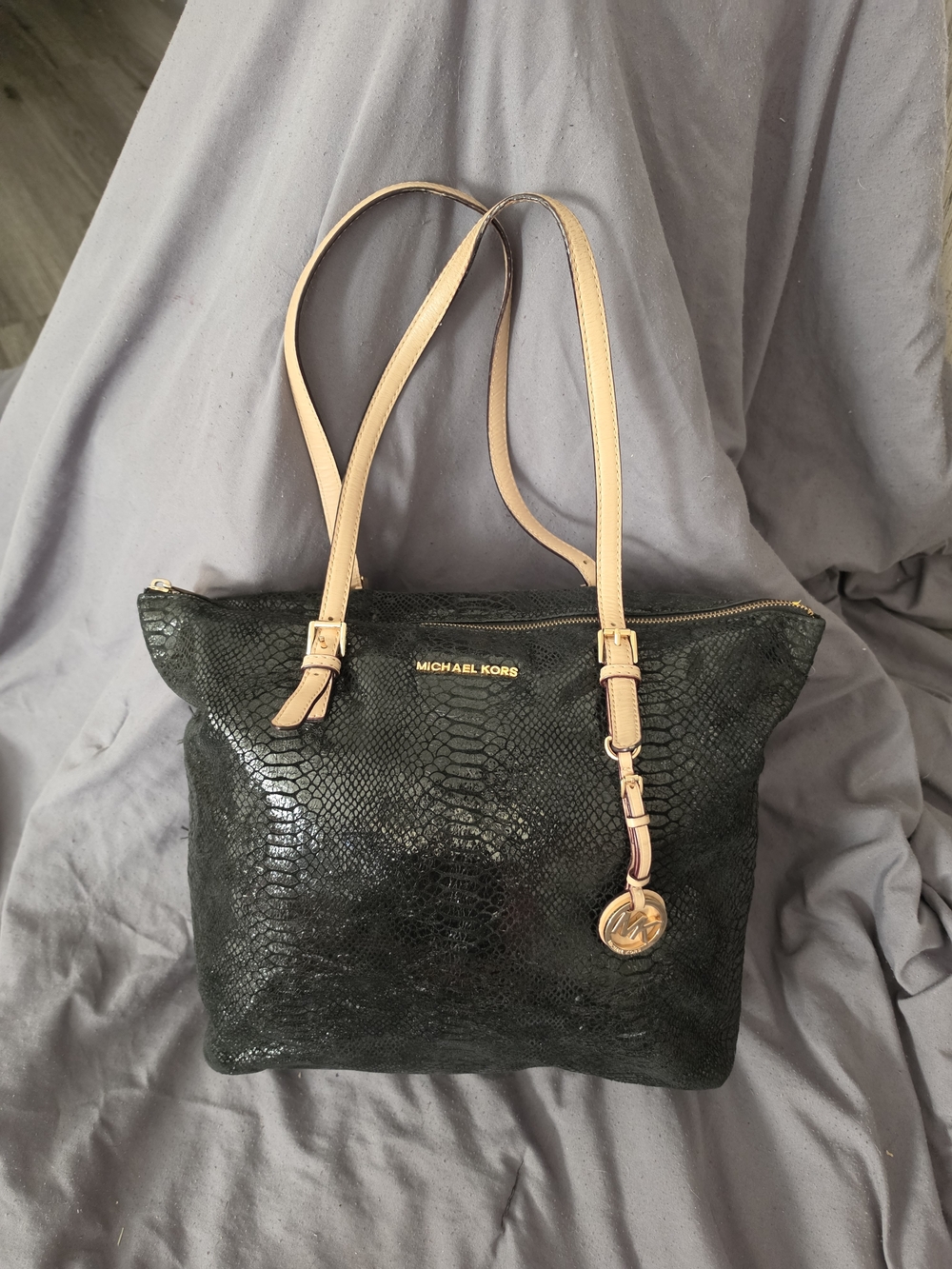 Michael Kors Black Snake-Embossed Tote Bag with Beige Straps